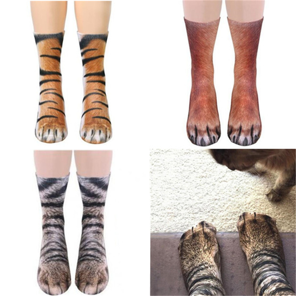 3D Adult Kid Animal Paw Crew Socks Unisex Funny Animal Feet Printed ...