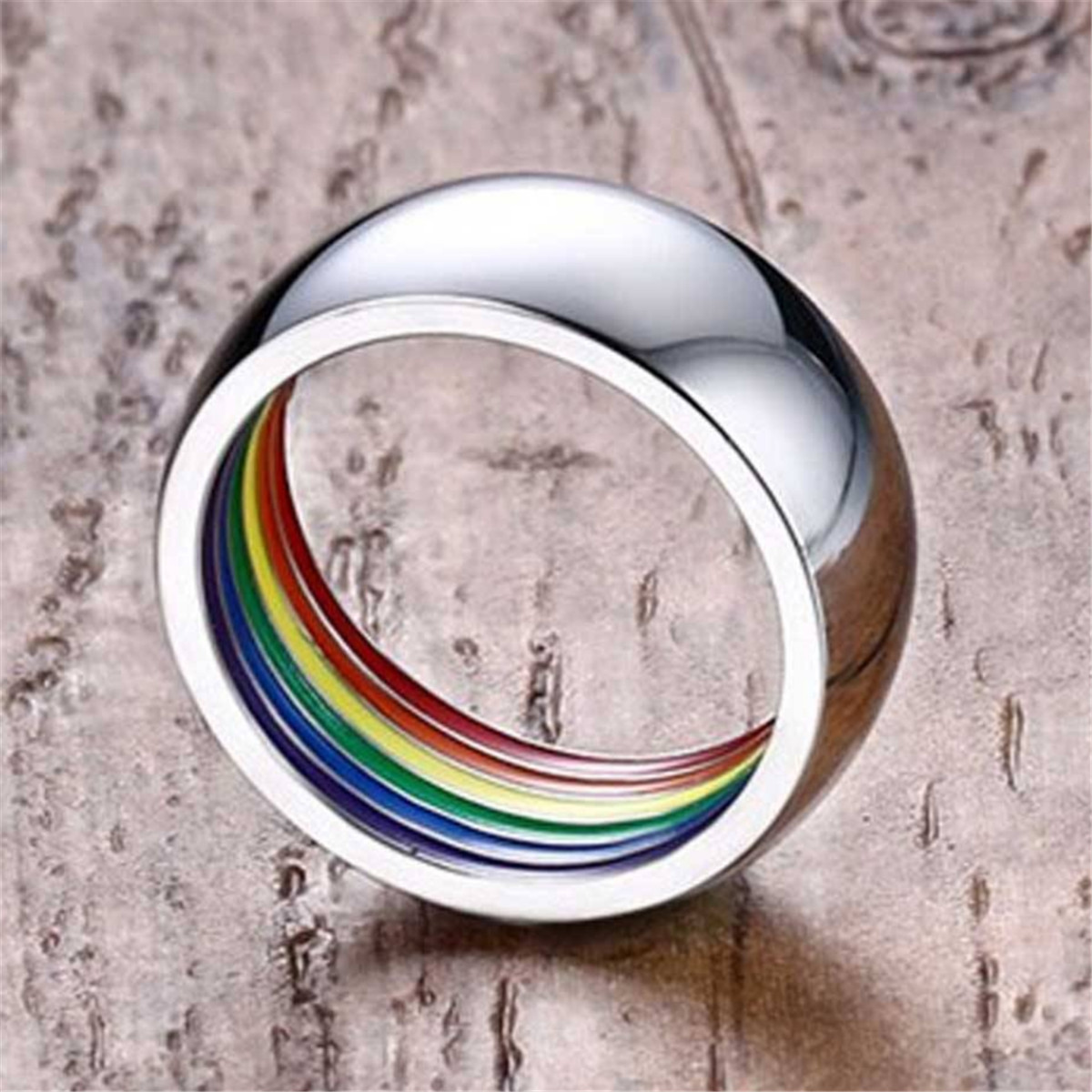 Fashion Rainbow Lgbt Gay Pride Ring Of Enamel Stainless Steel Lucky 