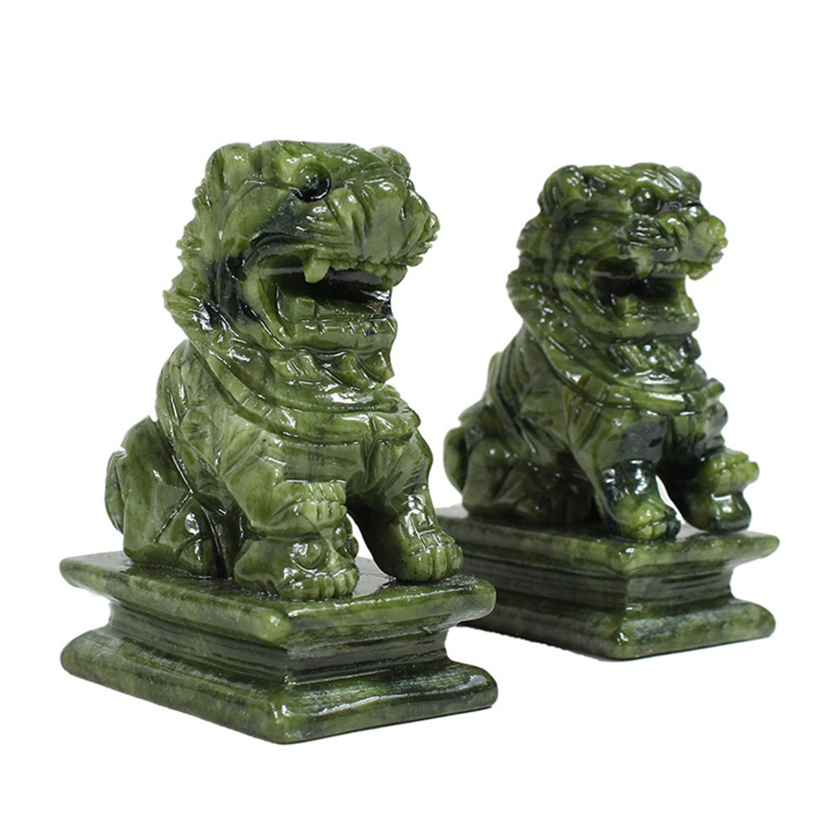 1 Pair China Green Jade Carved Fengshui Foo Fu Dog Guard Door Lion Home