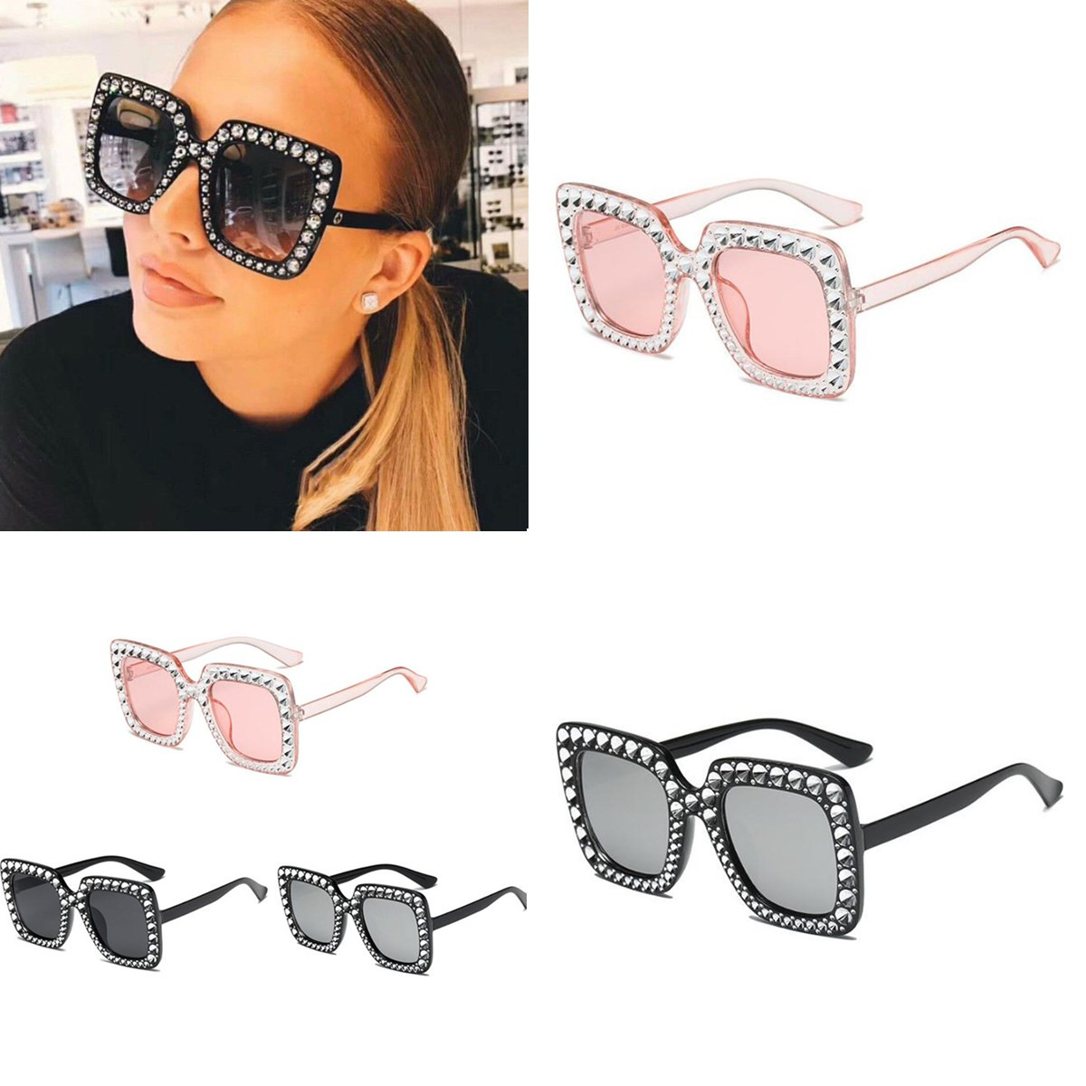 Luxury Oversized Square Frame Bling Rhinestone Sunglasses Women Fashion Shades Ebay