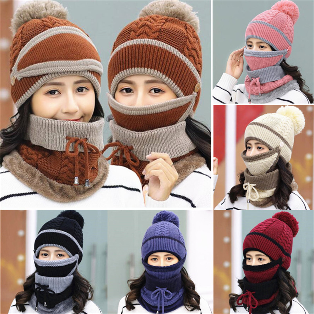 3pcs/Set Women Winter Warm Pom Hat Cap Mask Scarf Neck Thickened Plush ...