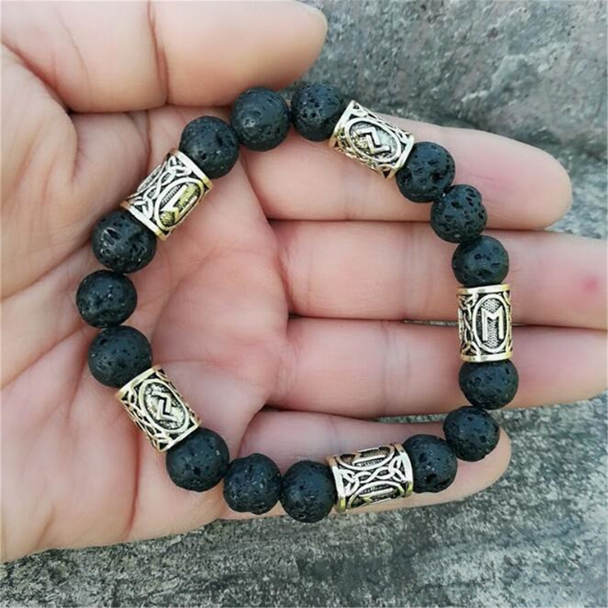 Norse Viking Rune Spacer Charm Lava Stone Beads Bracelet Unisexe Bracelet Bijoux