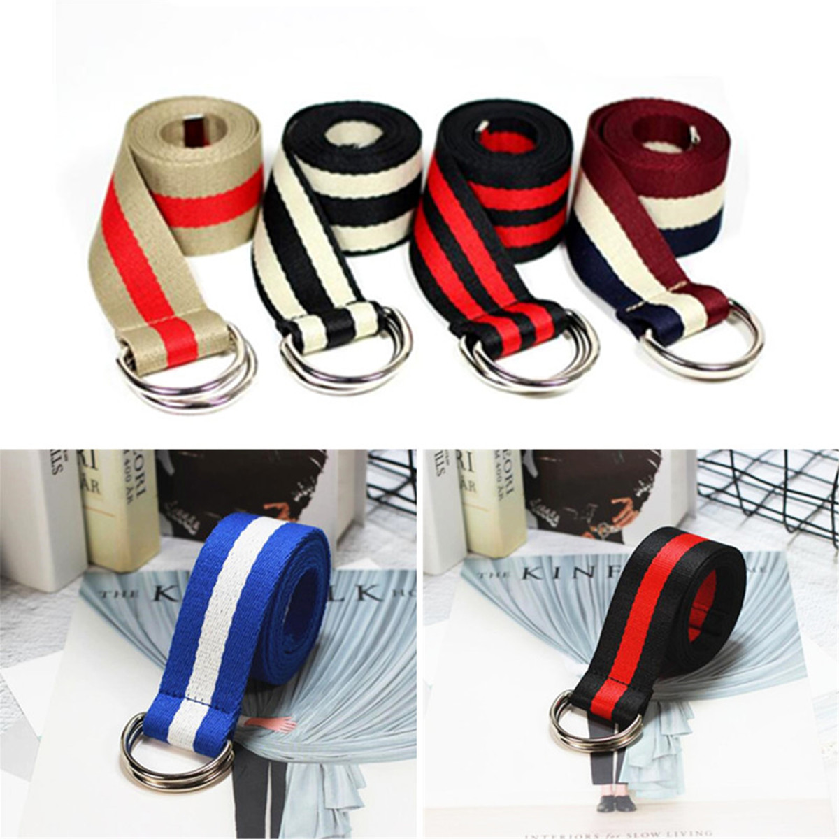 Women Canvas Belts Double D-Ring Buckle Adjustable Striped Belt ...